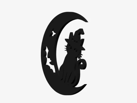 Witch Cat Crescent Moon Wall Decor - Gothic Bat Star Hanging 3D Print Model STL 3D Print Model