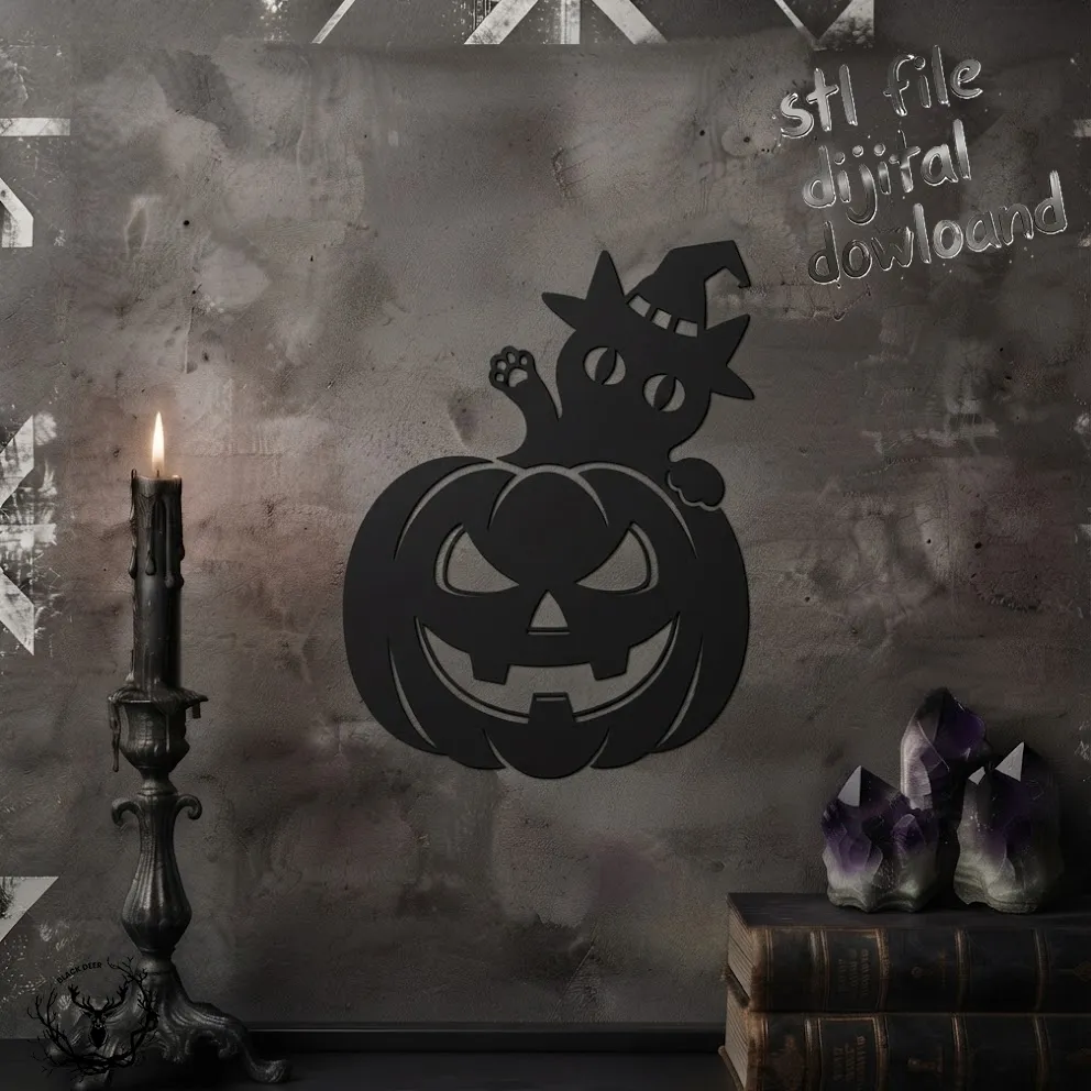 Pumpkin Peeking Cat Wall Decor - Halloween Jack O Lantern Black Cat 3D Print Model STL 3D Print Model .c4d .max .obj .3ds .fbx .stl .blend 