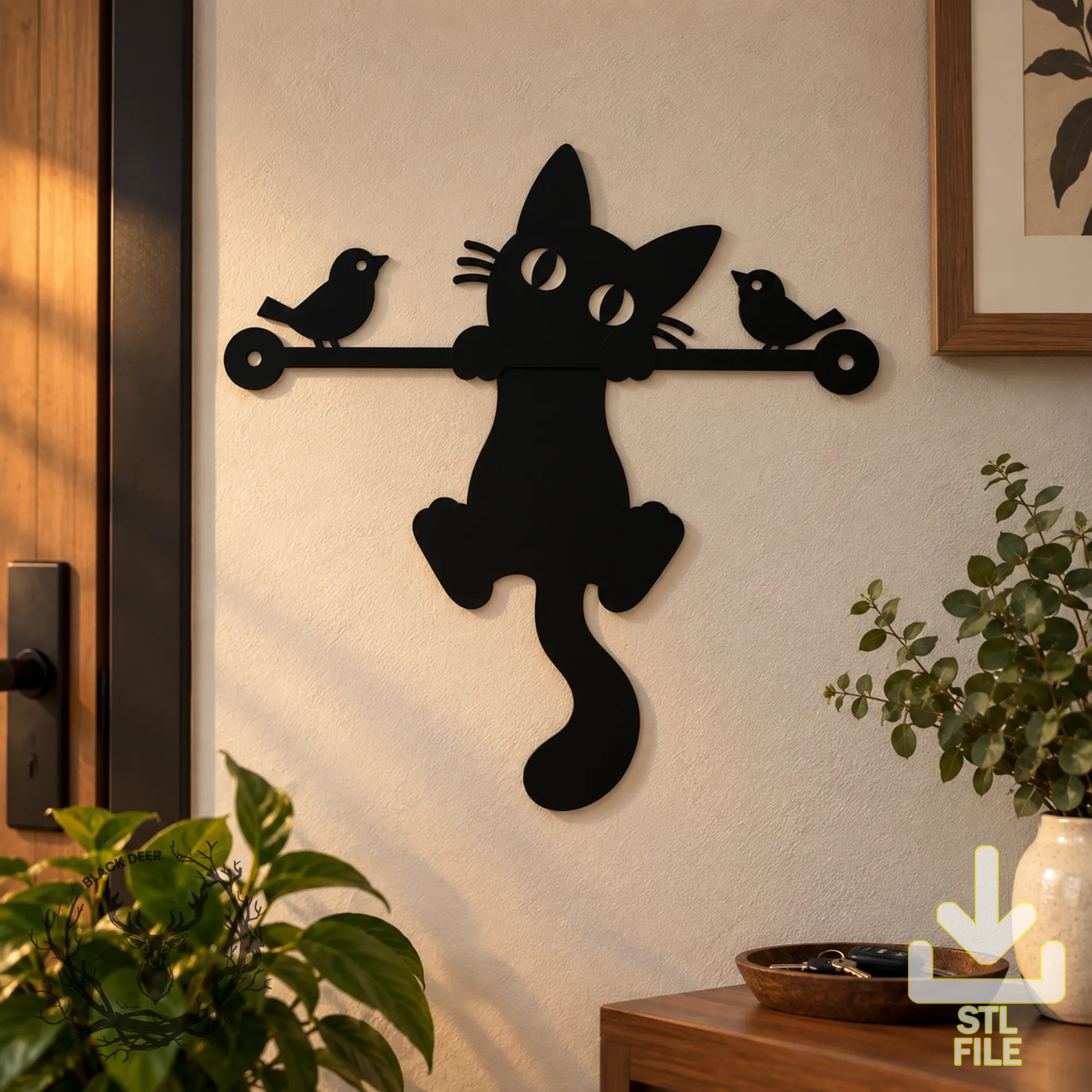 Cute Hanging Black Cat Birds Wall Art 3D Printed Silhouette Decor 3D Print Model .c4d .max .obj .3ds .fbx .stl .blend 