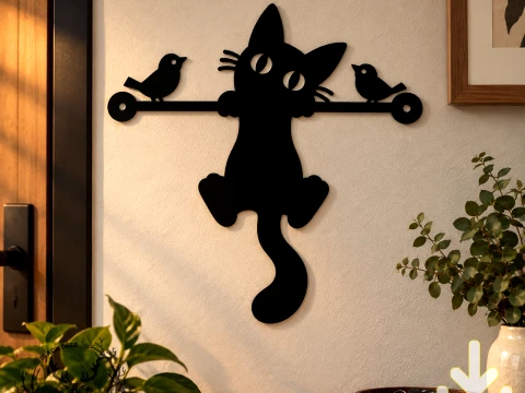 Cute Hanging Black Cat Birds Wall Art 3D Printed Silhouette Decor 3D Print Model