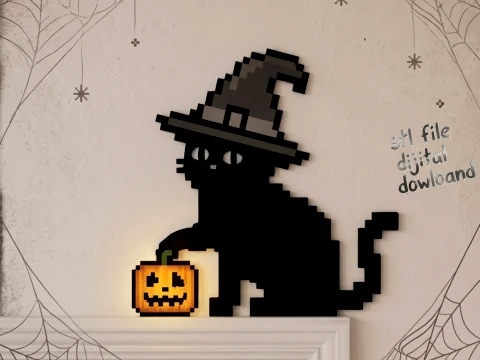 Pixel Art Witch Cat Pumpkin - Halloween Wall Decor 8-Bit Spooky Print STL Modelo de impresión 3D