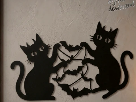 Twin Devil Cats Bat Garland Wall Art - Spooky Black Cat Decor 3D Print Model STL Modelo de impresión 3D