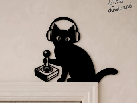 Gamer Cat Wall Art - Retro Joystick Headphones Door Frame Topper 3D Print Model STL 3D Принт Модель