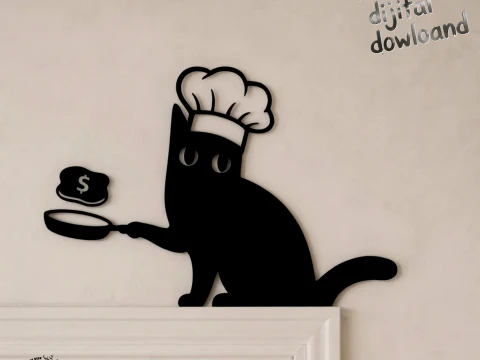 Cooking Money Cat Wall Art - Chef Kitty Making Dough Frying Pan Door Frame Topper 3D Print STL 3D Принт Модель