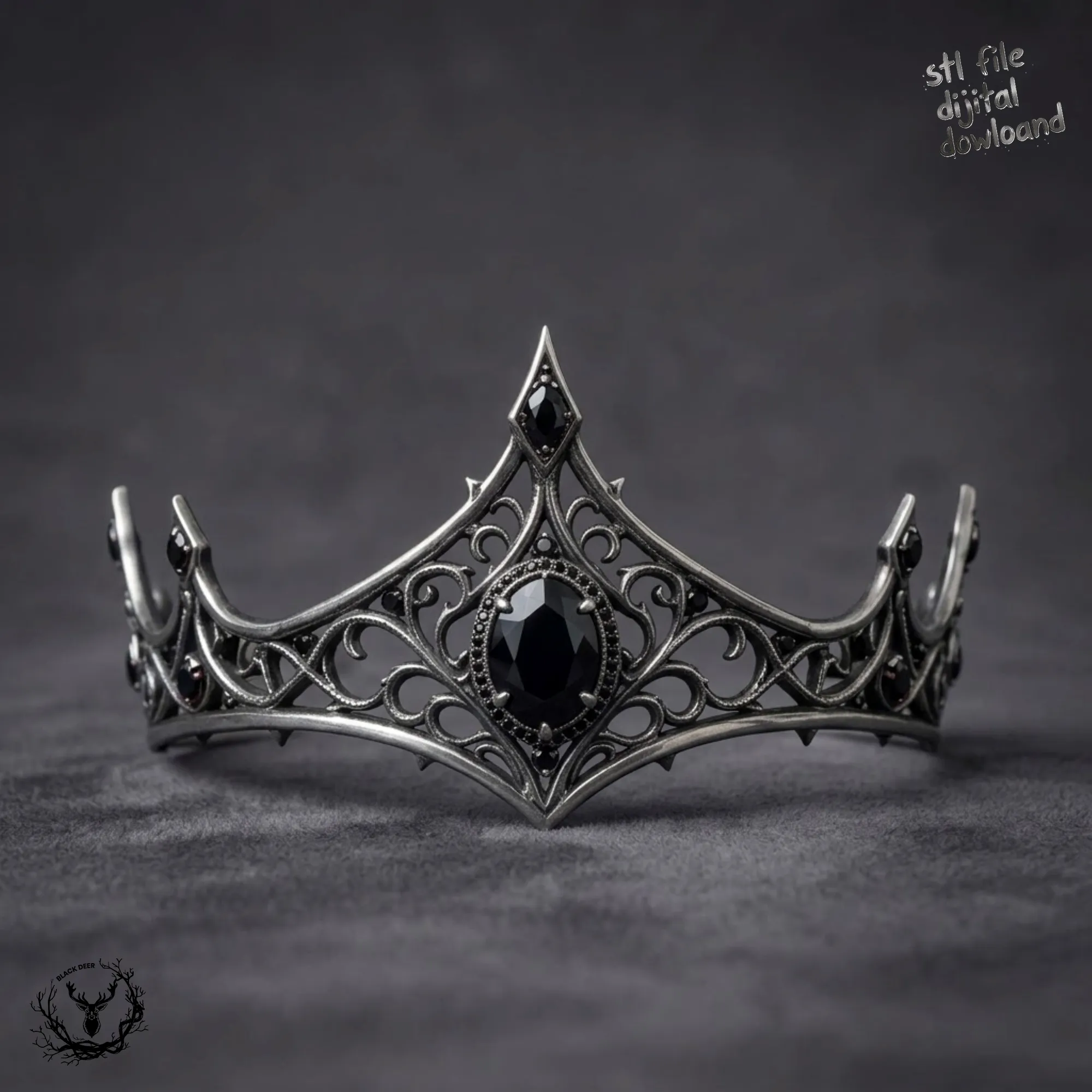 Gothic Queen Tiara - Dark Fantasy Black Gem Crown Cosplay Prop 3D Print Model STL 3D Print Model .c4d .max .obj .3ds .fbx .stl .blend 