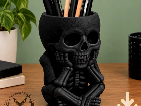 Black Skeleton Pen Holder Desktop Organizer AMS Compatible STL File Modèles 3D en vedette