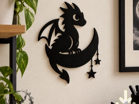 Dragon Crescent Moon Wall Decor AMS Compatible STL File 3D Print Model