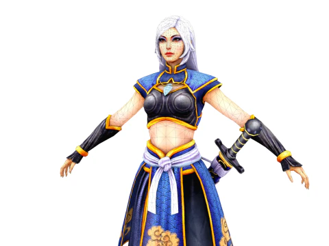 Spada pronta per il gioco del personaggio ninja femminile stilizzato 3D inclusa Modello 3D