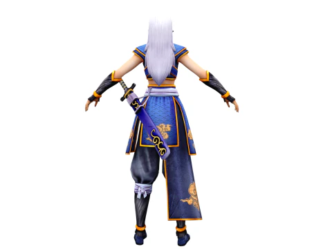 Spada pronta per il gioco del personaggio ninja femminile stilizzato 3D inclusa Modello 3D