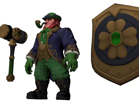 Leprechaun Warrior Hammer Shield Fantasy Character 3D Model