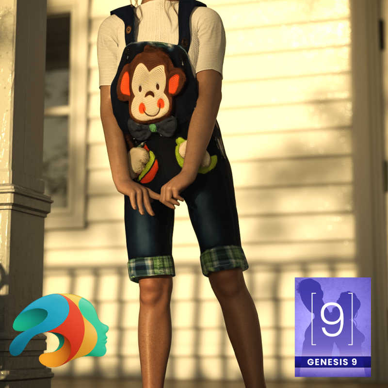 Genesis 9 の猿のオーバーオール衣装 3Dモデル .c4d .max .obj .3ds .fbx .stl .blend 