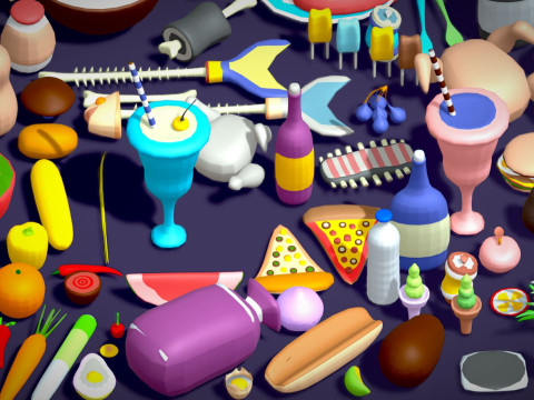 Food Pack - 310 Foods Mega Pack - Low poly Vegetable Fruits Drink Veg Non Veg Modello 3D