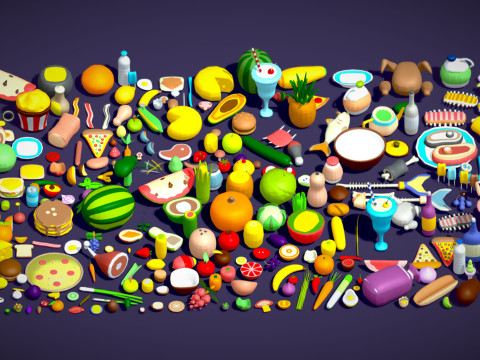 Food Pack - 310 Foods Mega Pack - Low poly Vegetable Fruits Drink Veg Non Veg Modello 3D