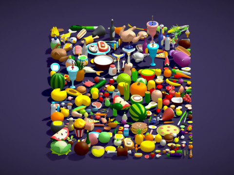 Food Pack - 310 Foods Mega Pack - Low poly Vegetable Fruits Drink Veg Non Veg Modello 3D
