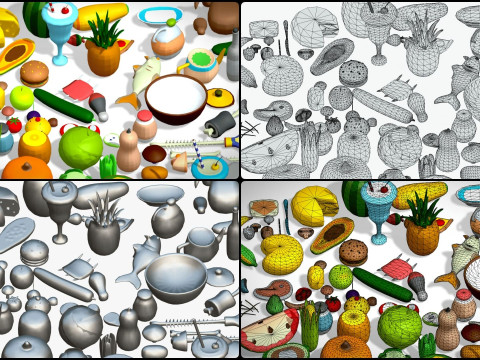 Food Pack - 310 Foods Mega Pack - Low poly Vegetable Fruits Drink Veg Non Veg Modello 3D