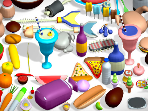 Food Pack - 310 Foods Mega Pack - Low poly Vegetable Fruits Drink Veg Non Veg Modello 3D