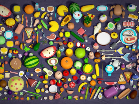 Pack alimentaire - Mega Pack de 310 aliments - Low poly L&eacute;gumes Fruits Boissons Veg Non Veg Modèle 3D