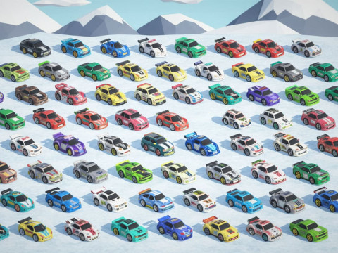 Tiny Sports Car Pack - 66 Low Poly Cute Toon Style Mini Racing Cars Chibi Style 3D Model