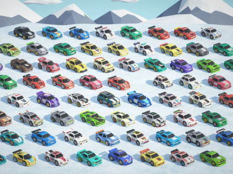 Paquete de autos deportivos diminutos: 66 mini autos de carreras estilo Toon lindo de baja poli, estilo Chibi Modelo 3D