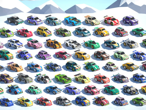 Tiny Sports Car Pack - 66 Low Poly Cute Toon Style Mini Racing Cars Chibi Style Modelo 3D