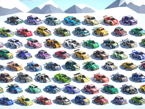 Tiny Sports Car Pack - 66 Low Poly Cute Toon Style Mini Racing Cars Chibi Style 3D Model