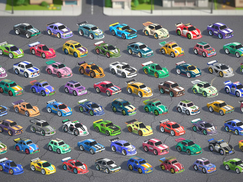 Tiny Sports Car Pack - 66 Low Poly Cute Toon Style Mini Racing Cars Chibi Style Modelo 3D