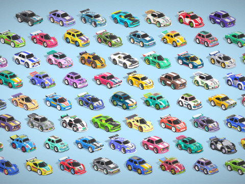 Tiny Sports Car Pack - 66 Low Poly Cute Toon Style Mini Racing Cars Chibi Style Modelo 3D