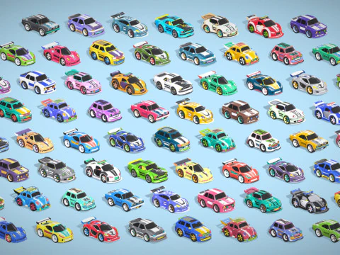 Tiny Sports Car Pack - 66 Low Poly Cute Toon Style Mini Racing Cars Chibi Style 3D Model