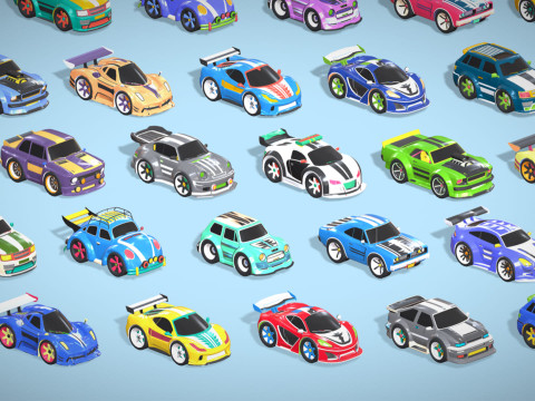 Tiny Sports Car Pack - 66 Low Poly Cute Toon Style Mini Racing Cars Chibi Style Modelo 3D