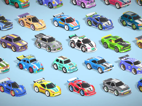 Tiny Sports Car Pack - 66 Low Poly Cute Toon Style Mini Racing Cars Chibi Style 3D Model