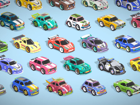 Tiny Sports Car Pack - 66 Low Poly Cute Toon Style Mini Racing Cars Chibi Style Modelo 3D