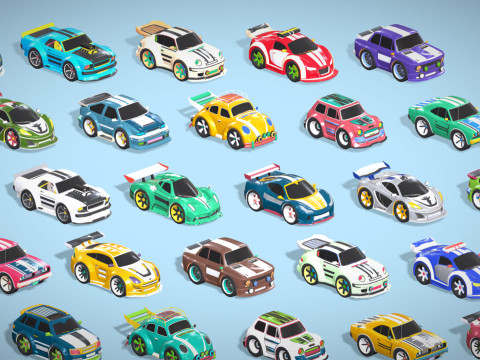 Tiny Sports Car Pack - 66 Low Poly Cute Toon Style Mini Racing Cars Chibi Style Modelo 3D