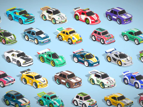 Tiny Sports Car Pack - 66 Low Poly Cute Toon Style Mini Racing Cars Chibi Style 3D Model
