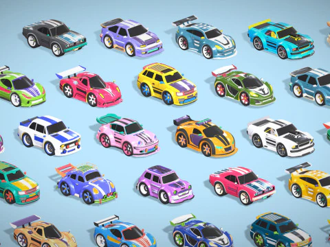 Tiny Sports Car Pack - 66 Low Poly Cute Toon Style Mini Racing Cars Chibi Style 3D Model