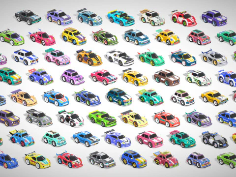 Tiny Sports Car Pack - 66 Low Poly Cute Toon Style Mini Racing Cars Chibi Style 3D Model