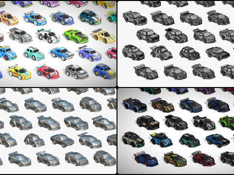 Tiny Sports Car Pack - 66 Low Poly Cute Toon Style Mini Racing Cars Chibi Style Modelo 3D