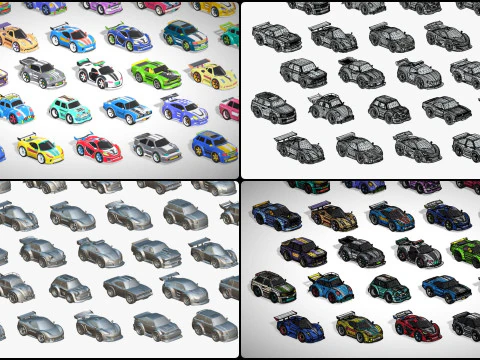 Tiny Sports Car Pack - 66 Low Poly Cute Toon Style Mini Racing Cars Chibi Style 3D Model