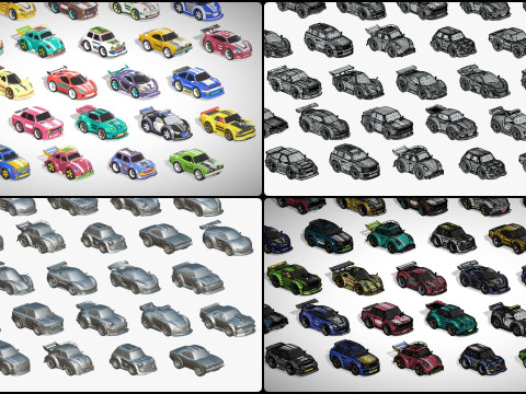 Tiny Sports Car Pack - 66 Low Poly Cute Toon Style Mini Racing Cars Chibi Style Modelo 3D