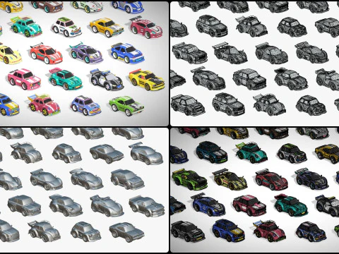 Tiny Sports Car Pack - 66 Low Poly Cute Toon Style Mini Racing Cars Chibi Style 3D Model