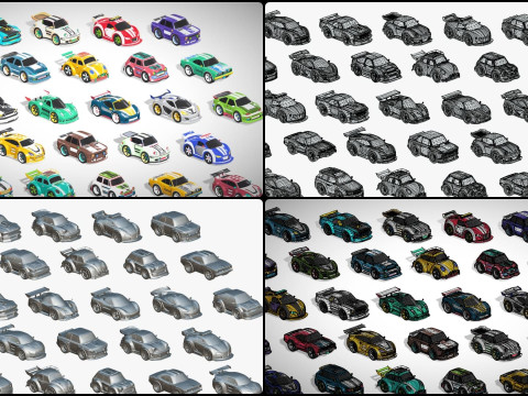 Tiny Sports Car Pack - 66 Low Poly Cute Toon Style Mini Racing Cars Chibi Style Modelo 3D