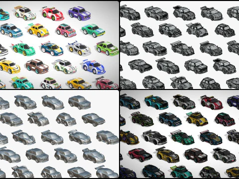 Tiny Sports Car Pack - 66 Low Poly Cute Toon Style Mini Racing Cars Chibi Style 3D Model
