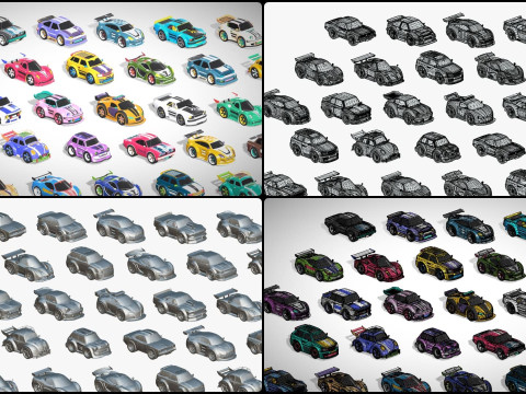 Tiny Sports Car Pack - 66 Low Poly Cute Toon Style Mini Racing Cars Chibi Style Modelo 3D