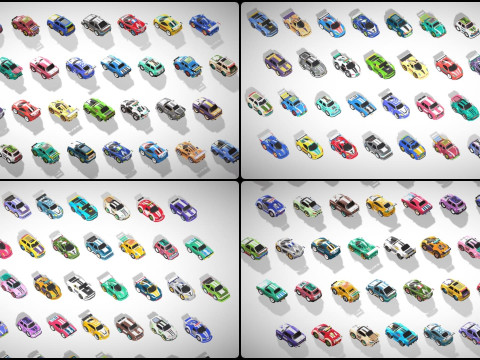 Tiny Sports Car Pack - 66 Low Poly Cute Toon Style Mini Racing Cars Chibi Style Modelo 3D