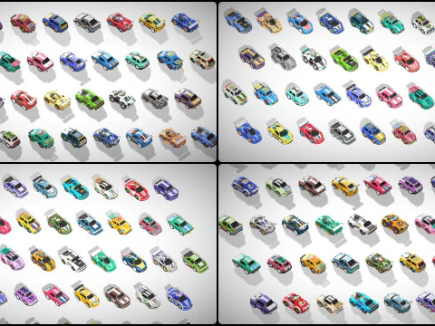 Tiny Sports Car Pack - 66 Low Poly Cute Toon Style Mini Racing Cars Chibi Style 3D Model