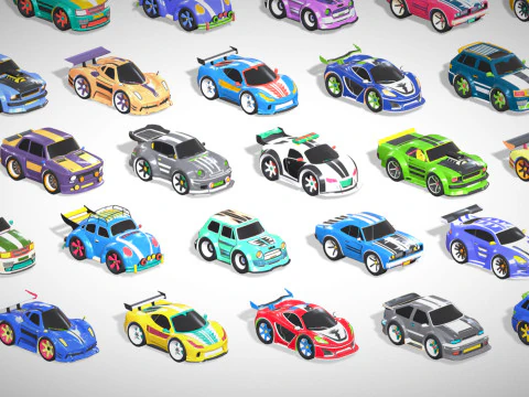 Tiny Sports Car Pack - 66 Low Poly Cute Toon Style Mini Racing Cars Chibi Style 3D Model