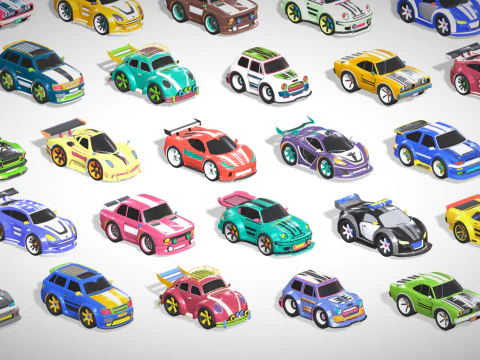 Tiny Sports Car Pack - 66 Low Poly Cute Toon Style Mini Racing Cars Chibi Style 3D Model