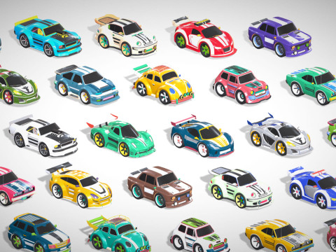 Tiny Sports Car Pack - 66 Low Poly Cute Toon Style Mini Racing Cars Chibi Style Modelo 3D
