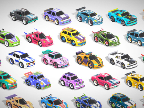 Tiny Sports Car Pack - 66 Low Poly Cute Toon Style Mini Racing Cars Chibi Style Modelo 3D