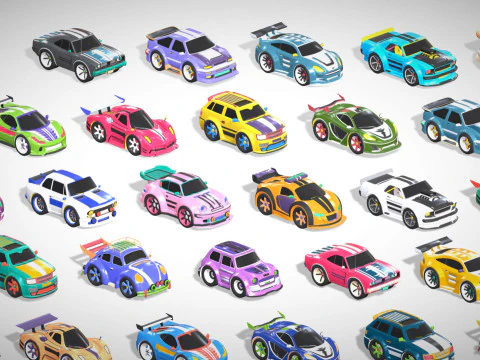 Tiny Sports Car Pack - 66 Low Poly Cute Toon Style Mini Racing Cars Chibi Style 3D Model