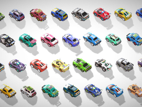 Tiny Sports Car Pack - 66 Low Poly Cute Toon Style Mini Racing Cars Chibi Style Modelo 3D